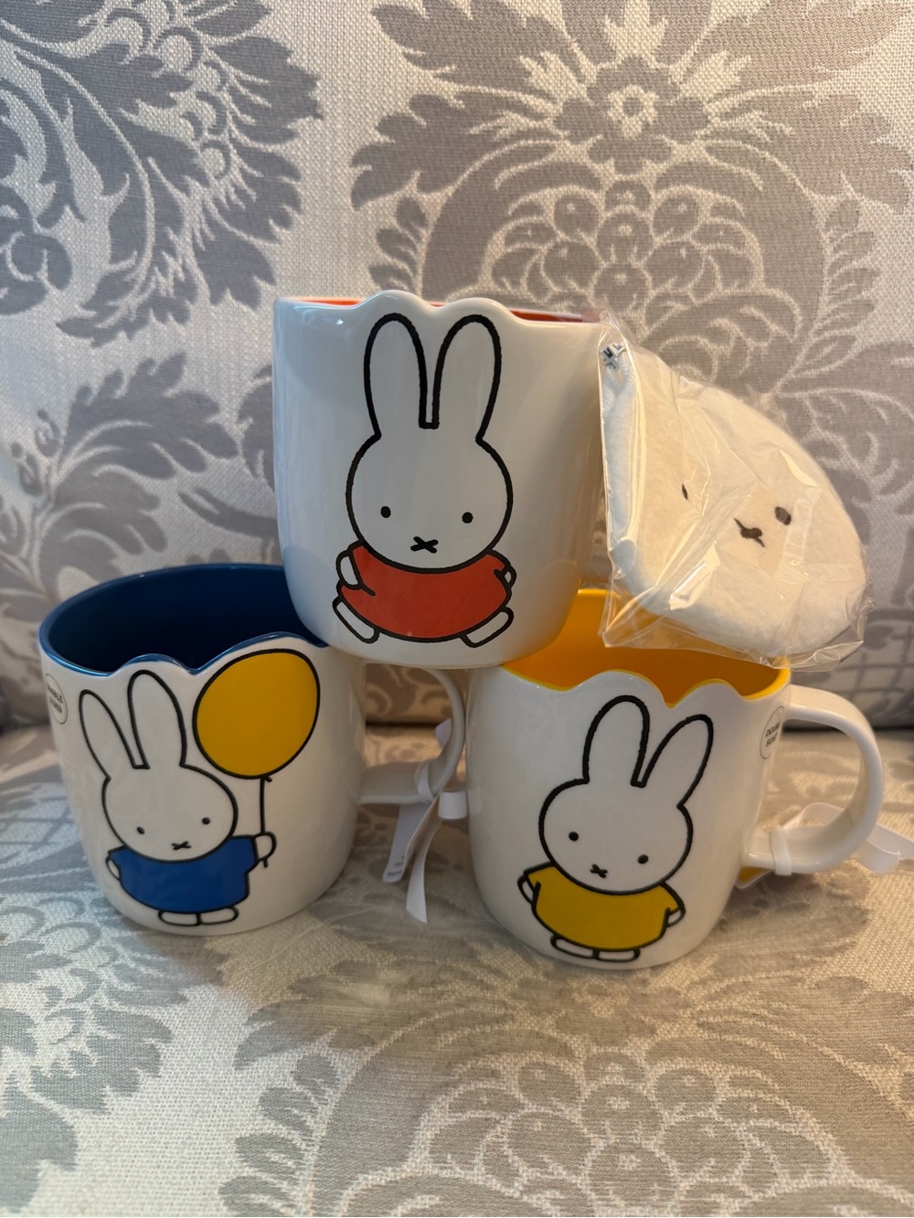NWT Set of 3 Magenta MIFFY Bunny Cute Embossed Ceramic Mug Blue Red Yellow